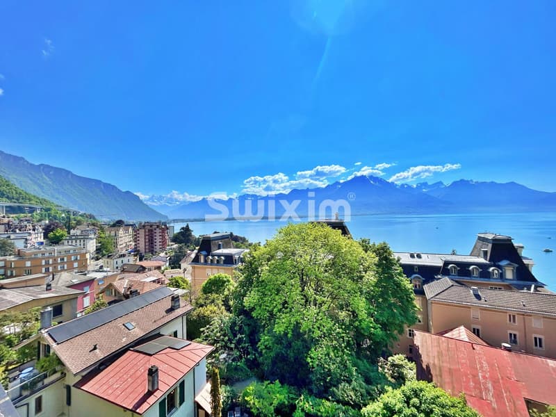 Vue panoramique sur le lac et les montagnes depuis cet appartement.