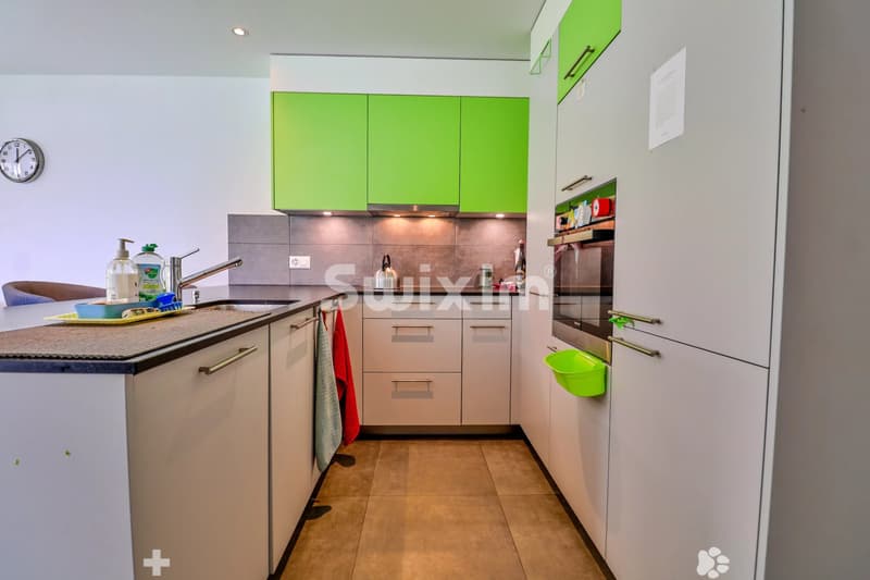 Cuisine moderne avec rangements spacieux et appareils intégrés.