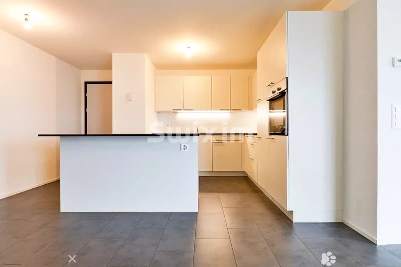 Une cuisine moderne avec des armoires blanches, un sol en carrelage gris, et un îlot central.