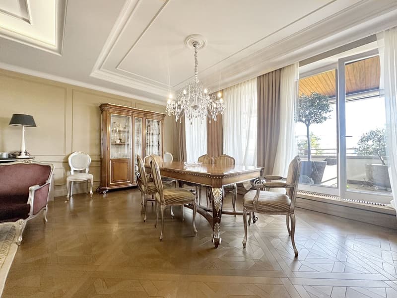 dining room, wooden table, six chairs, white chandelier, glass door, balcony, outdoor plant