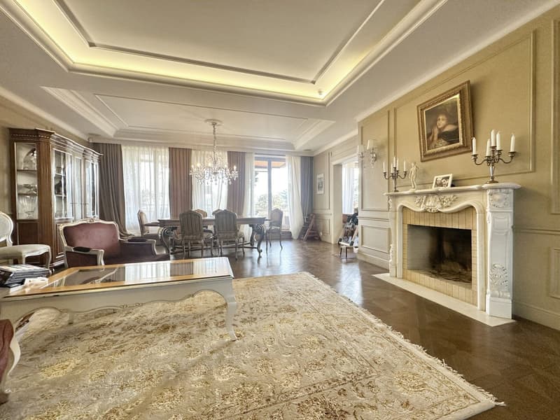 large living room, chandelier, white fireplace, ornate rug, wooden floor, large glass display cabinet, antique armchairs, dining table, side tables, armchair, table lamp