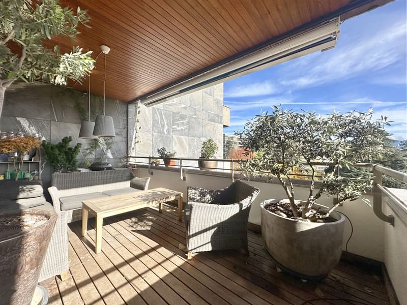 Outdoor seating area with wicker chairs, coffee table, and a large potted plant