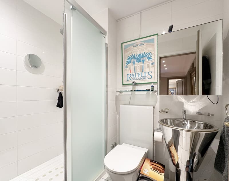 Modern bathroom with white tiles, a shower area, a toilet, a vanity with a stainless steel sink, and a framed picture above the sink.