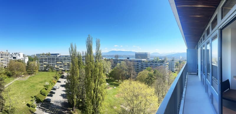 Balcony with view of the city, green trees, and mountains in the distance