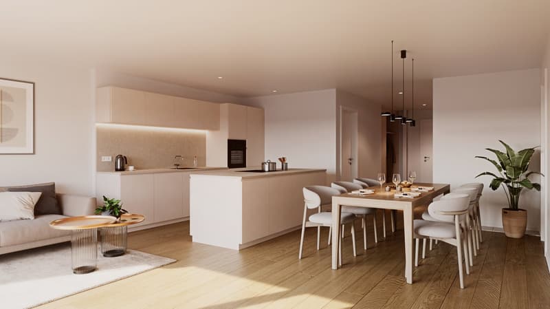Dining area with modern white interior, wooden floor, central island kitchen, beige sofa with pillows, white carpet, modern pendant lighting, dining table with chairs