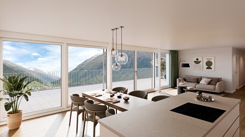 Sliding glass doors, table, chairs, dining area, open kitchen, couch, potted plant, balcony, wooden floor, modern lighting, view of mountains