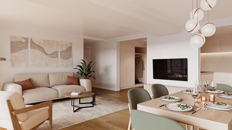 neutral color palette, couch, wooden coffee table, TV, plant, dining table, dining chairs, area rug