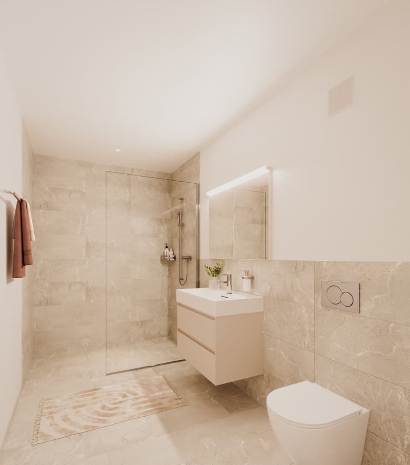 modern bathroom, walk-in shower, white vanity, floor-level toilet, large mirror