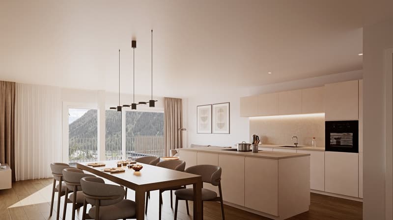 Modern interior with large windows, a table with six chairs, kitchen island, modern kitchen, view of mountains, warm color scheme