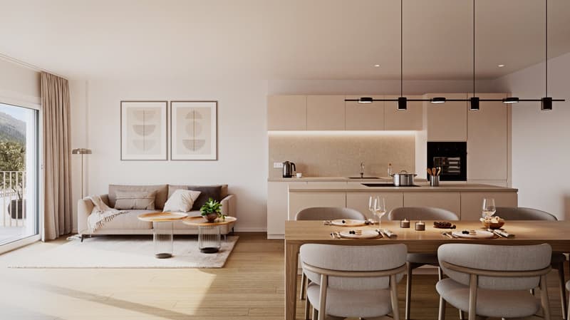 open floor plan, dining and living room, couch, balcony, white wall, light wooden floor