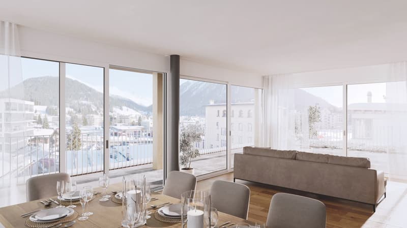 dining room with balcony overlooking mountains, large windows, wooden floor, white dining table, 4 chairs, beige sofa, white curtains, candle, wine glasses