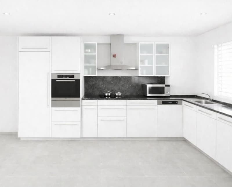 modern minimalist kitchen with white cabinets, countertops, oven, microwave, dishwasher, stainless steel sink