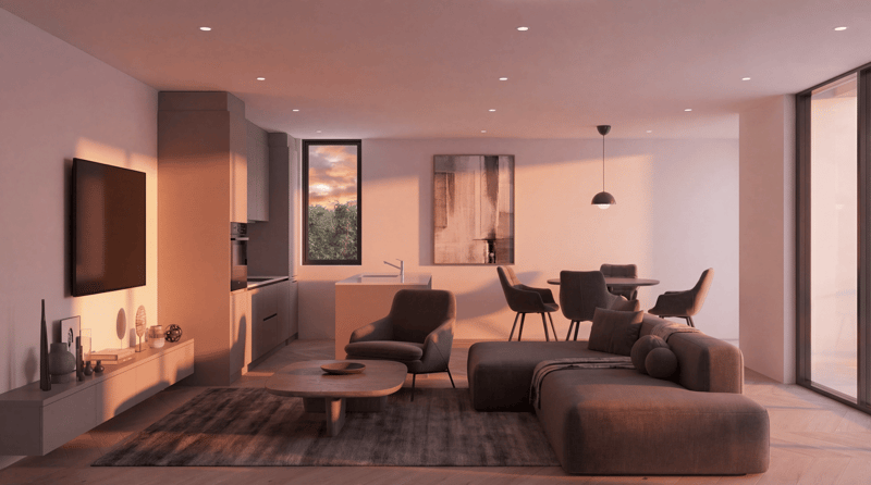 Open-plan kitchen with dining area, L-shaped sofa, center table, armchair, rug, flat screen TV, mounted lamp, large windows