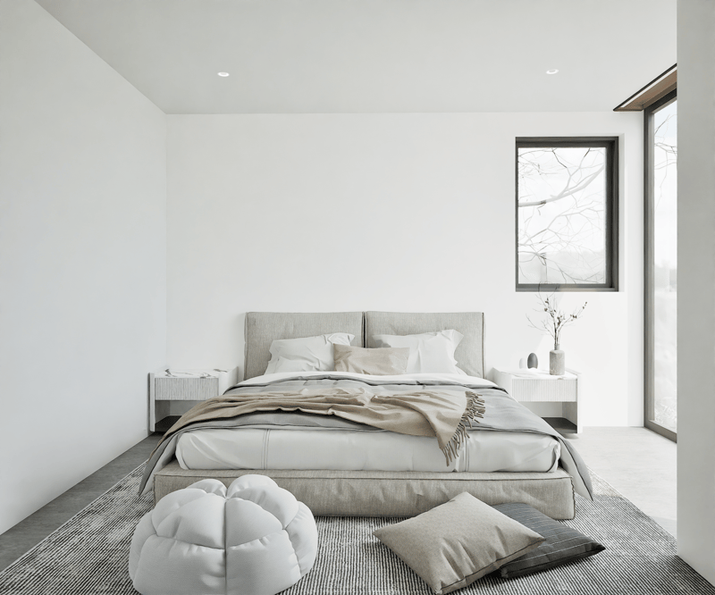 spacious bedroom with modern furniture, minimalistic decor, large bed, gray headboard, two nightstands, and floor-to-ceiling windows.