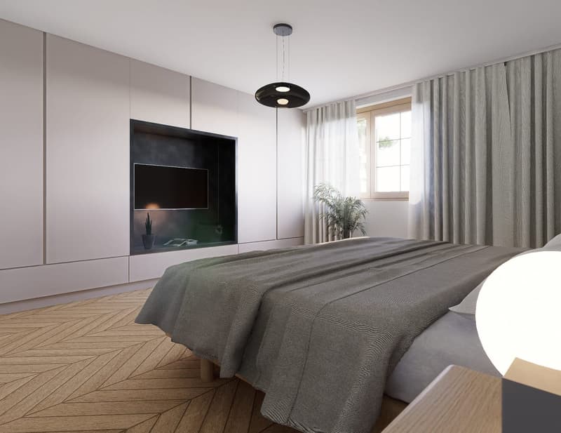 large bed, white wardrobes, wooden floor, black fireplace with TV