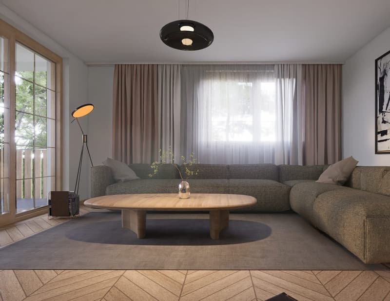 Open-plan living room with large windows, wooden coffee table, sofa, floor lamp, curtains, wooden floor, balcony view