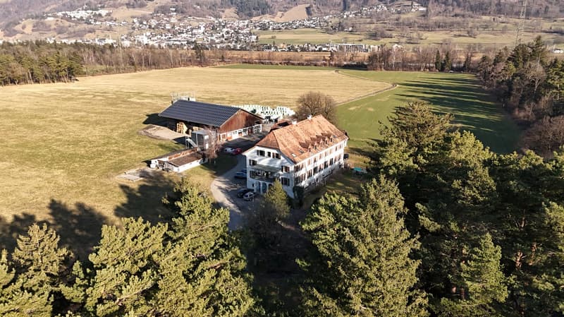 large country house, solar panels, attached barn, multiple cars parked in front, surrounded by green trees and fields