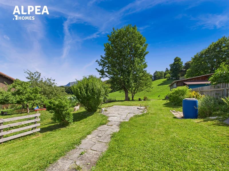 Green grassy field, wooden fence, small pathway, trees, blue barrel