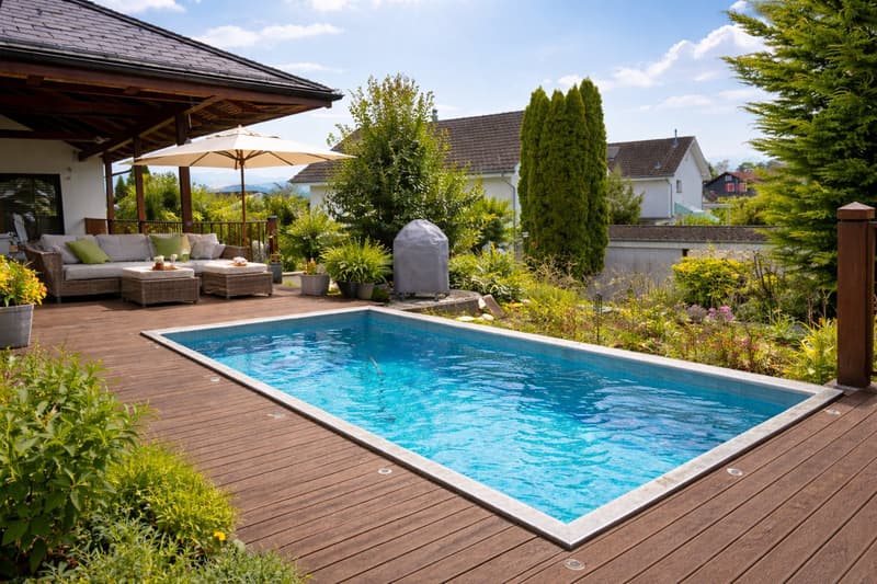 Wooden deck, swimming pool, outdoor sofa, umbrella, plants, trees