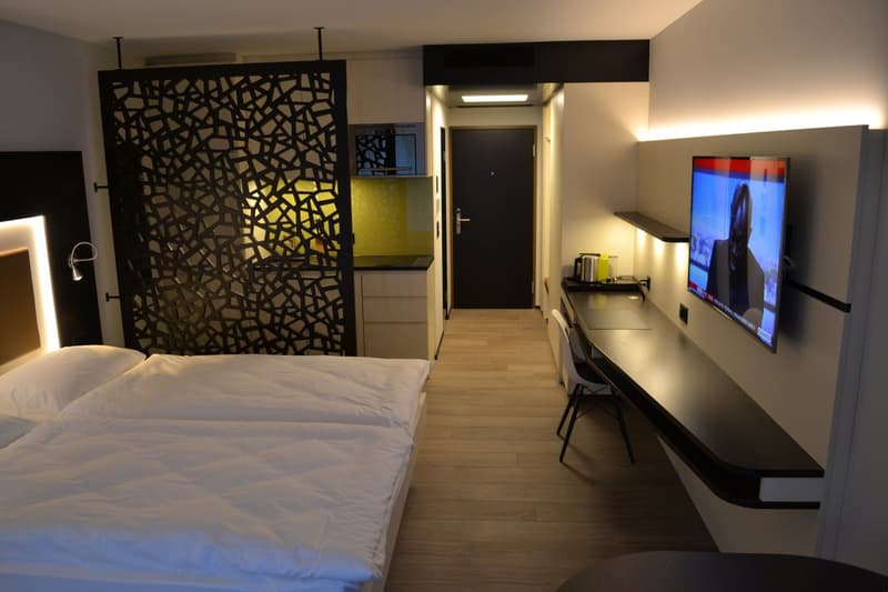 Modern hotel room with a large bed, wooden flooring, a decorative screen, a TV mounted on the wall, and a kitchenette area with a dishwasher.