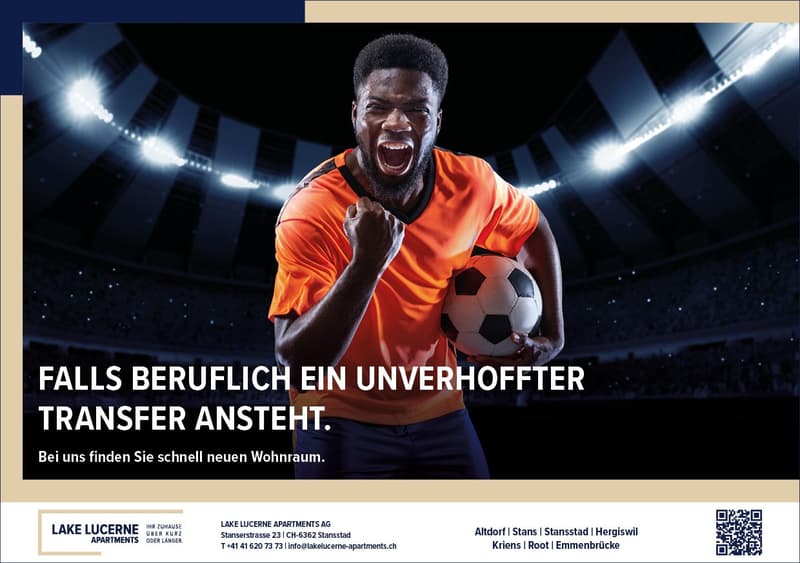 The image shows a soccer player in an orange jersey celebrating and clenching his fist. The text states that an unexpected transfer is about to happen, and invites the viewer to find a new home quickly with Lake Lucerne Apartments. The advertisement inclu