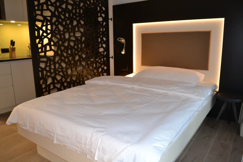 Modern bedroom with a white bed, a decorative black screen, and a recessed lighting feature above the bed.