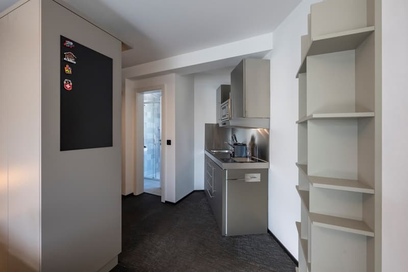 The image shows a compact studio apartment with a kitchenette area. The kitchen features stainless steel appliances, including a dishwasher, and built-in shelving. The living space has a black chalkboard wall with decorative items displayed. The apartment