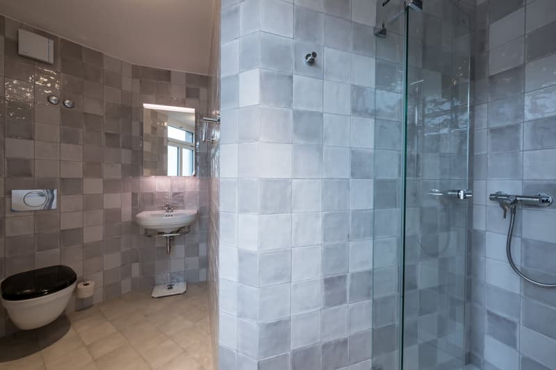 Large bathroom with gray tile walls, glass shower enclosure, pedestal sink, and toilet