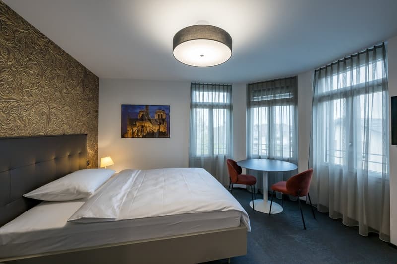 single bed, side table, lamps, chair, desk, windows, painting