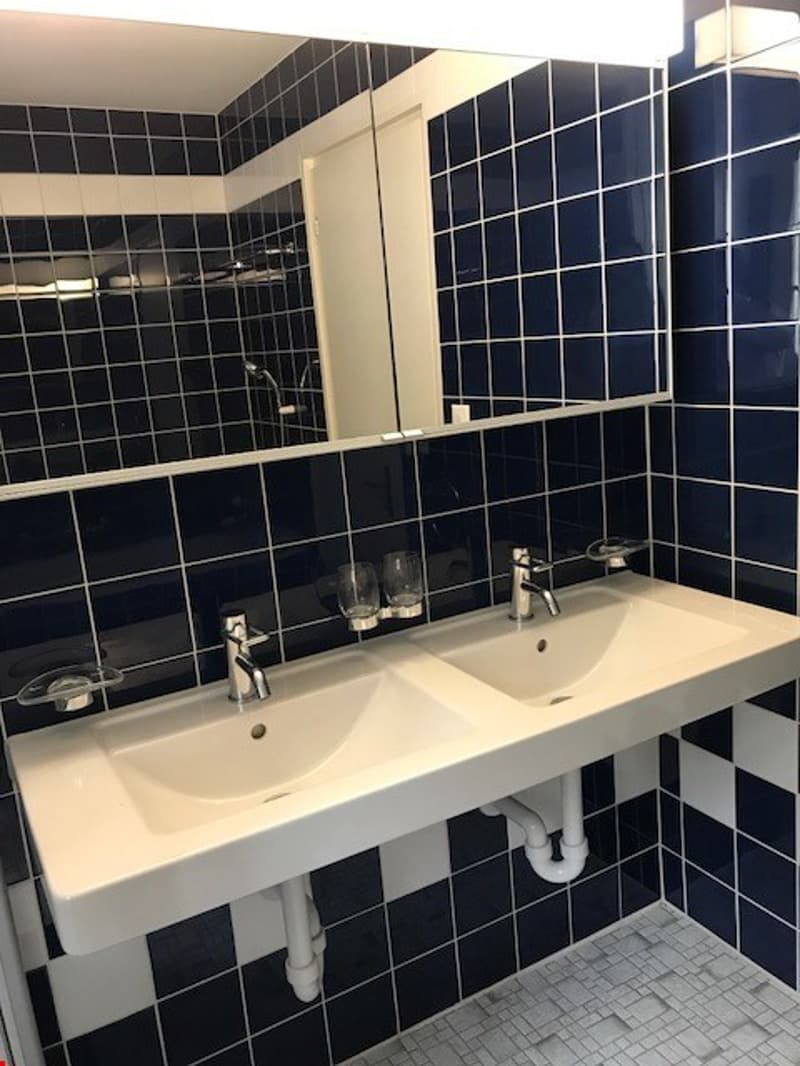 The image shows a modern bathroom with black and white tiles covering the walls. There is a large double sink vanity with a mirror above it. The bathroom appears to have a clean and minimalist design.