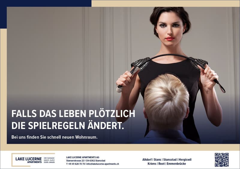 An advertisement for real estate agency Lake Lucerne Apartments, featuring a model holding a tennis racket.