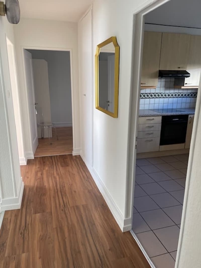wooden floor, mirror, kitchen cabinets, black oven