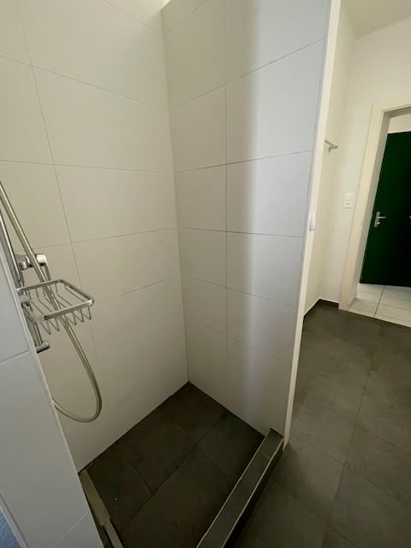 empty shower with gray floor, white walls and tiled floor