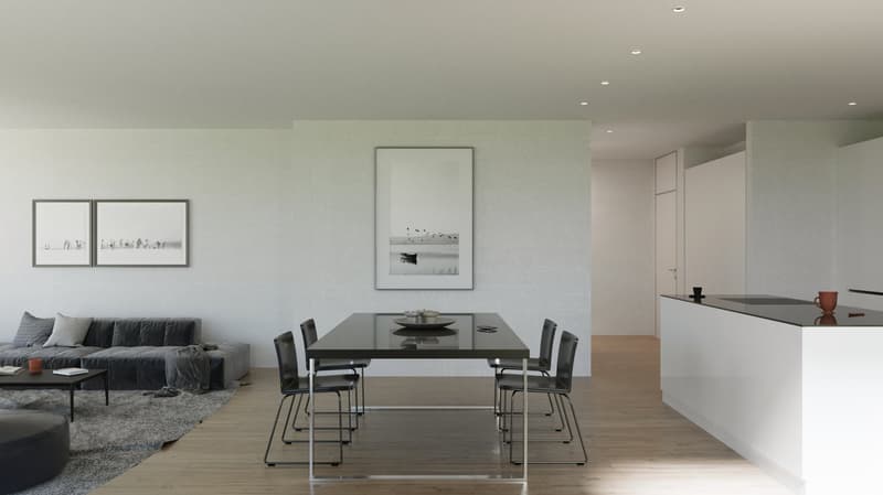The image shows an open-concept living and dining area with a modern, minimalist design. The living room features a gray sofa and framed artwork on the walls. The dining area has a rectangular glass-top table with black chairs. The kitchen is visible in t