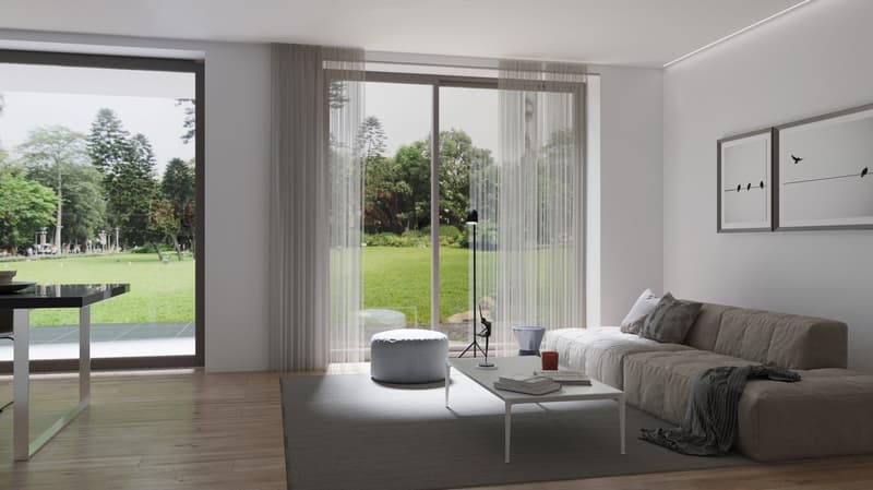 Spacious living room with large windows overlooking a lush green garden, grey sofa, white ottoman, coffee table, and framed artwork on the wall