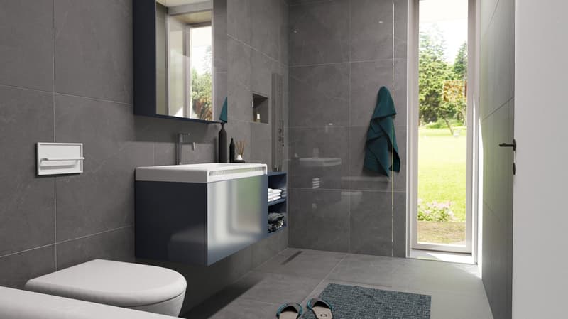 Modern bathroom with gray tile walls, vanity with sink, toilet, and large window overlooking the outdoor garden area.