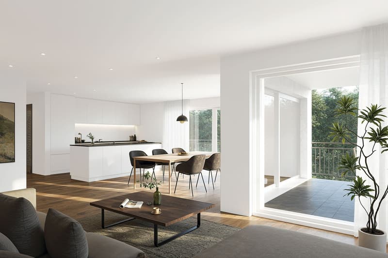 modern living room with wooden floor, white walls, large windows, open to balcony, dining table, chairs, kitchen island, couch, coffee table, plants