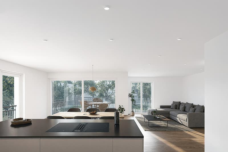 Modern minimalist interior, open kitchen, dining area with large glass windows leading to a balcony, grey sofa, wooden flooring, contemporary furniture