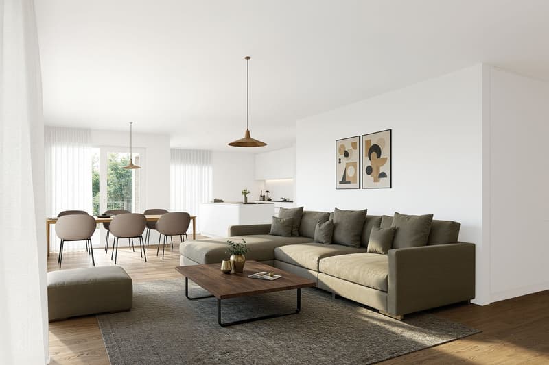 modern design, sectional couch, wooden coffee table, open dining area, floor-to-ceiling windows