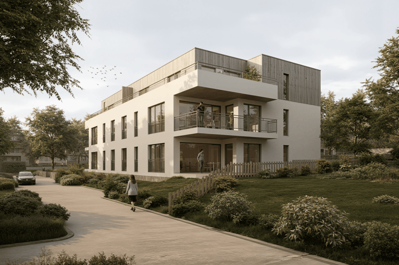 Modern 2-story house, white exterior, large windows, balconies, green roof, garden, driveway