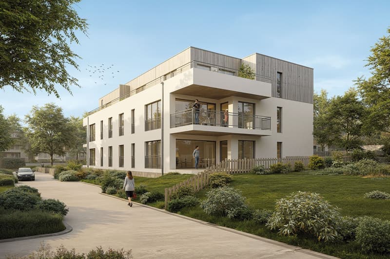 Modern apartment building, white exterior, balconies, green surroundings