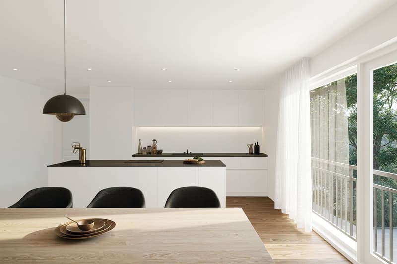modern kitchen with white cabinets, black countertops, wooden dining table, black chairs, pendant light, sliding glass doors leading to balcony