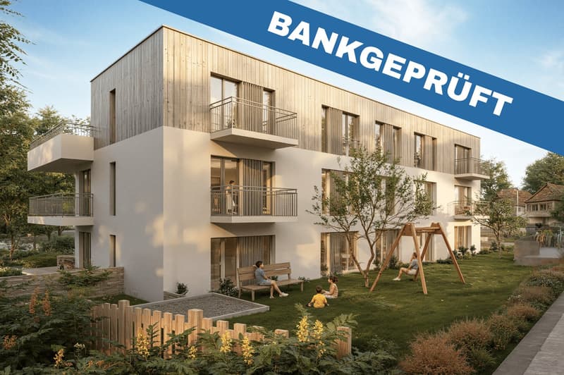 modern apartment building, white exterior, wooden balconies, large windows, garden, playground