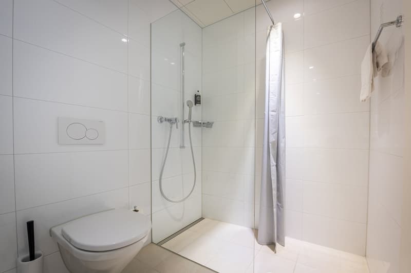 White tiled bathroom with a glass shower enclosure, toilet, and a towel rack.