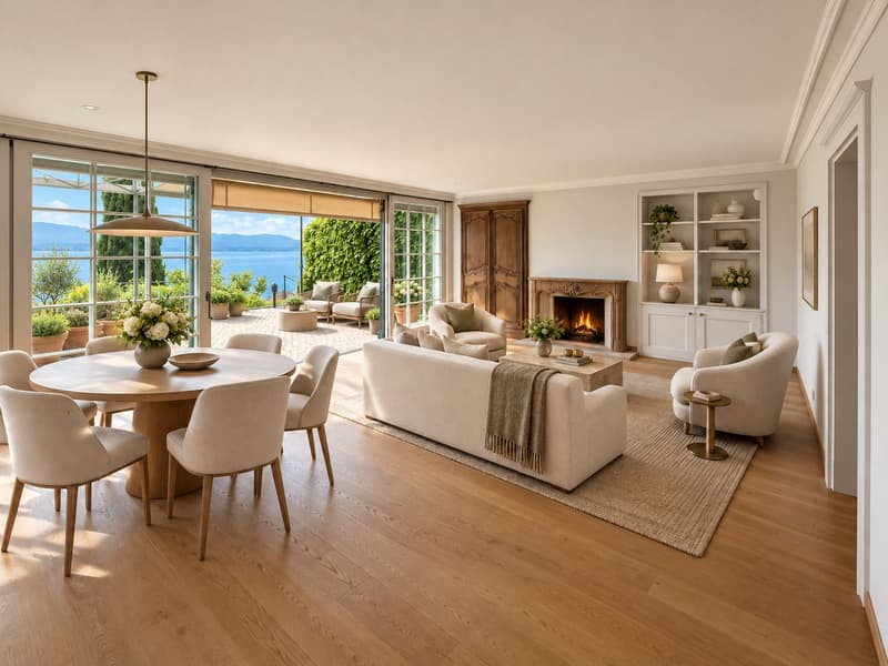 Salon - salle à manger. Mobilier créé par IA.