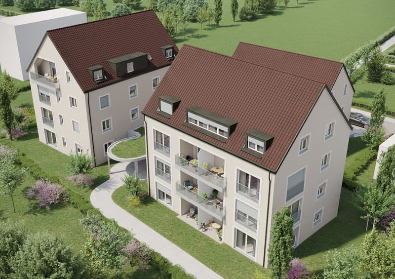 2 story house, red roof, beige walls, balconies, green lawn, walkway, trees, white walkway