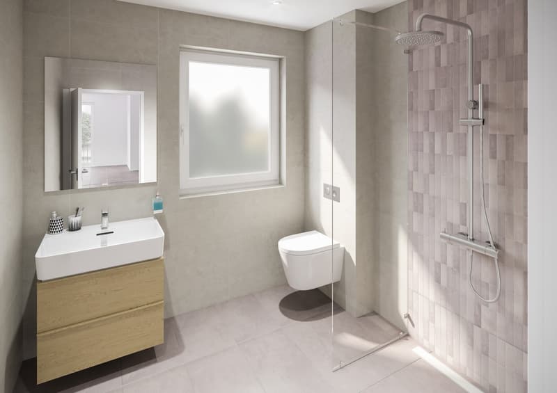 modern minimalist bathroom with white sink, mirror, and toilet; glass shower enclosure with showerhead