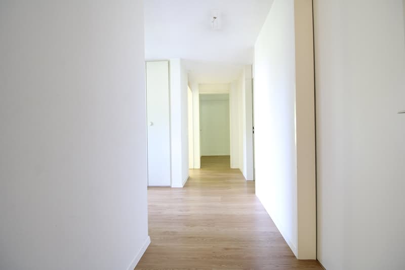 wooden floor, long hallway with closed doors