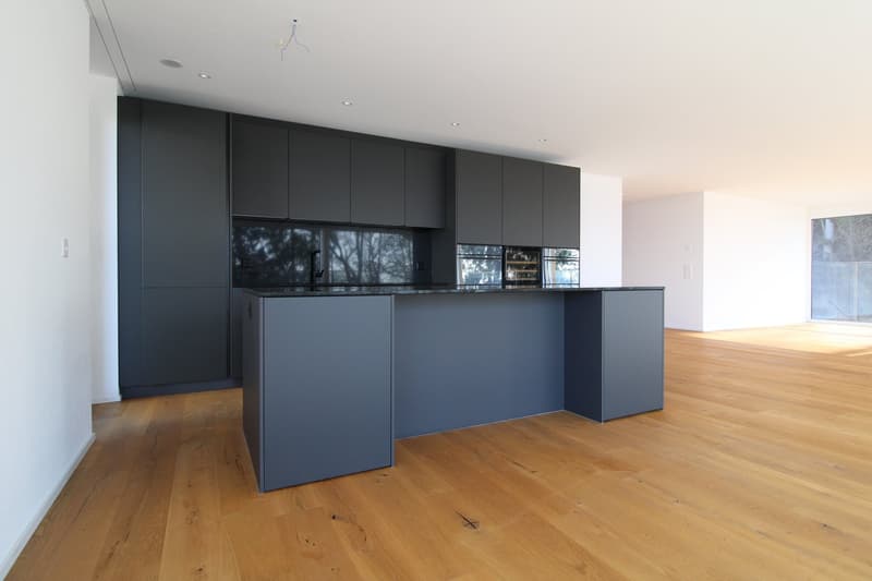 modern kitchen with island, black cabinets, wooden floor, large windows
