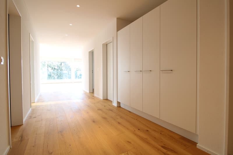 Empty hallway with wooden floor, white walls, and built-in wardrobes